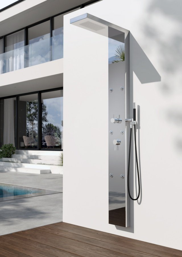 Outdoor Shower Company In & Out Wall Mount Hot & Cold Shower Panel - Hand Spray - Body Jets - 5-way Diverter - Concealed Shower Head